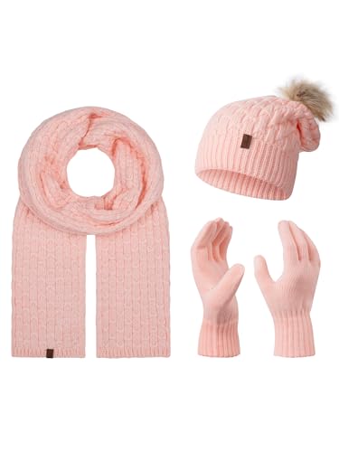 Rock Creek Winter Mütze mit Bommel Schal Set Geschenkset Wintermütze Winterschal Winterhandschuhe Herrenmütze Damenmütze U-102 Rosa Einheitsgröße von Rock Creek