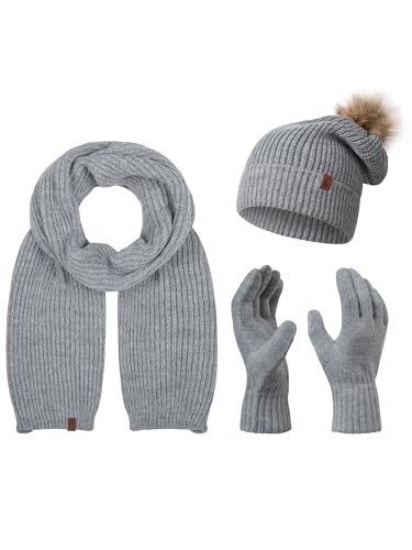 Rock Creek Winter Mütze mit Bommel Schal Set Geschenkset Wintermütze Winterschal Winterhandschuhe Herrenmütze Damenmütze U-103 Grau Einheitsgröße von Rock Creek