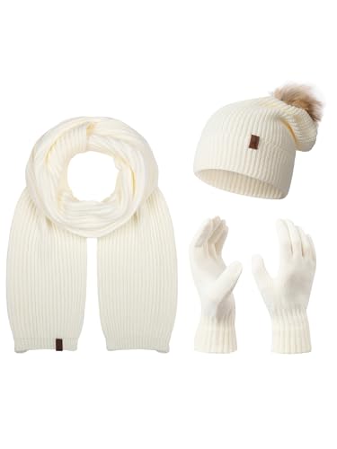 Rock Creek Winter Mütze mit Bommel Schal Set Geschenkset Wintermütze Winterschal Winterhandschuhe Herrenmütze Damenmütze U-103 Weiß Einheitsgröße von Rock Creek