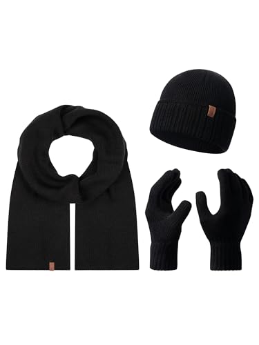 Rock Creek Winter Mütze mit Bommel Schal Set Geschenkset Wintermütze Winterschal Winterhandschuhe Herrenmütze Damenmütze U-104 Schwarz Einheitsgröße von Rock Creek