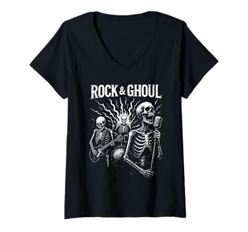 Damen Rock & Ghoul Skelett Band Halloween Rock Musik T-Shirt mit V-Ausschnitt Damen Rock & Ghoul Skelett Band Halloween Rock Musik T-Shirt mit V-Ausschnitt von Rock Death Metal Music Band Edgy Punk Design