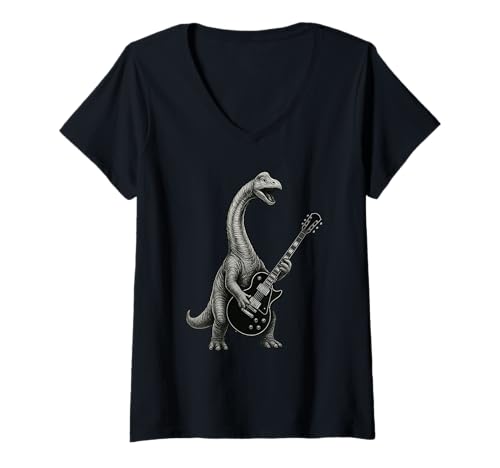 Damen Dinosaur Brachiosaurus Playing Guitar Rock Funny T-Shirt mit V-Ausschnitt Damen Dinosaur Brachiosaurus Playing Guitar Rock Funny T-Shirt mit V-Ausschnitt von Rock Dinosaur Playing Guitar Apparel