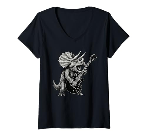 Damen Dinosaur Triceratops Playing Guitar Rock Funny T-Shirt mit V-Ausschnitt Damen Dinosaur Triceratops Playing Guitar Rock Funny T-Shirt mit V-Ausschnitt von Rock Dinosaur Playing Guitar Apparel