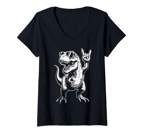 Damen Lustig Dinosaurier Rock Musik T-Rex Tyrannosaurus rex Kinder T-Shirt mit V-Ausschnitt von Rock Dinosaurier T-Rex Musik