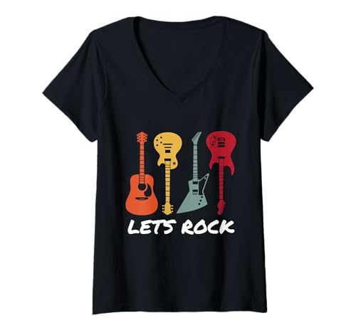 Damen Let's Rock E-Gitarre Musikliebhaber Band Gitarristen Retro T-Shirt mit V-Ausschnitt von Rock Guitar Gifts Apparel