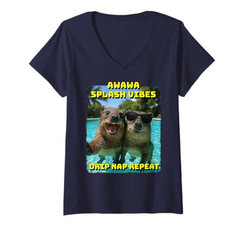 Damen Lustiger Rock Hyrax Awawa Splash Vibes Drip Nap Repeat T-Shirt mit V-Ausschnitt Damen Lustiger Rock Hyrax Awawa Splash Vibes Drip Nap Repeat T-Shirt mit V-Ausschnitt von Rock Hyrax Vibes