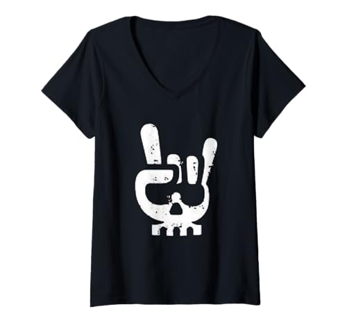 Damen Rock On Skelett Hand – Distressed Metal Horn Hand T-Shirt mit V-Ausschnitt Damen Rock On Skelett Hand – Distressed Metal Horn Hand T-Shirt mit V-Ausschnitt von Rock Metal Horn Hand Designs