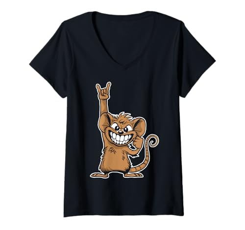 Damen Retro Rockmusik der niedlichen Ratte T-Shirt mit V-Ausschnitt von Rock Music Art - Gift Design & Co.