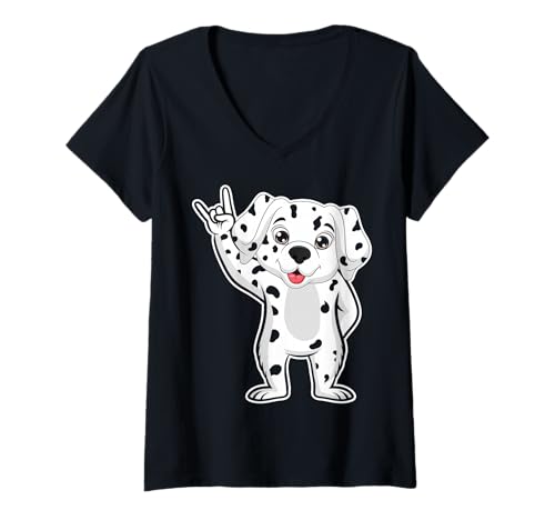 Damen Retro Rockmusik eines süßen Dalmatiner-Hundes T-Shirt mit V-Ausschnitt von Rock Music Art - Gift Design & Co.