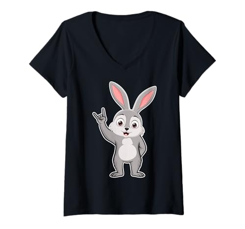 Damen Retro-Rockmusik von Cute Bunny T-Shirt mit V-Ausschnitt von Rock Music Art - Gift Design & Co.