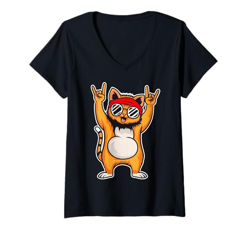 Damen Retro Rockmusik von Cute Cat T-Shirt mit V-Ausschnitt Damen Retro Rockmusik von Cute Cat T-Shirt mit V-Ausschnitt von Rock Music Art - Gift Design & Co.