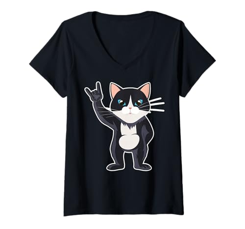 Damen Retro Rockmusik von Cute Cat T-Shirt mit V-Ausschnitt Damen Retro Rockmusik von Cute Cat T-Shirt mit V-Ausschnitt von Rock Music Art - Gift Design & Co.