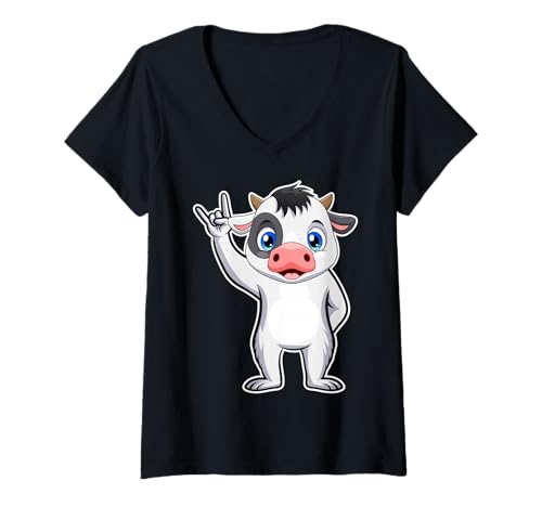 Damen Retro Rockmusik von Cute Cow T-Shirt mit V-Ausschnitt von Rock Music Art - Gift Design & Co.