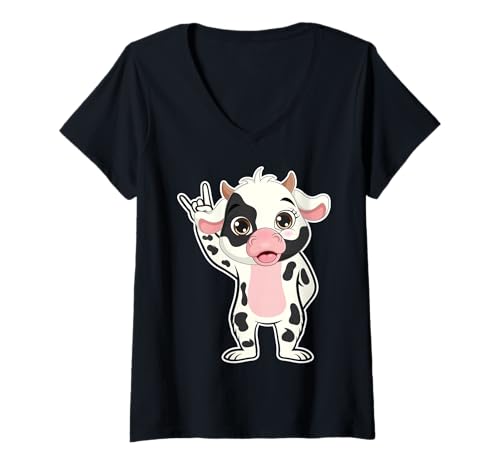 Damen Retro Rockmusik von Cute Cow T-Shirt mit V-Ausschnitt Damen Retro Rockmusik von Cute Cow T-Shirt mit V-Ausschnitt von Rock Music Art - Gift Design & Co.