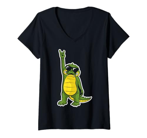 Damen Retro Rockmusik von Cute Crocodile T-Shirt mit V-Ausschnitt von Rock Music Art - Gift Design & Co.