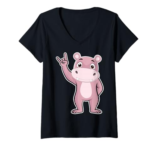 Damen Retro Rockmusik von Cute Hippo T-Shirt mit V-Ausschnitt von Rock Music Art - Gift Design & Co.
