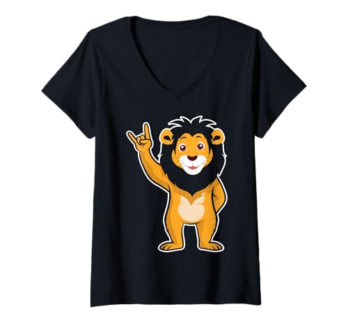 Damen Retro-Rockmusik von Cute Lion T-Shirt mit V-Ausschnitt von Rock Music Art - Gift Design & Co.