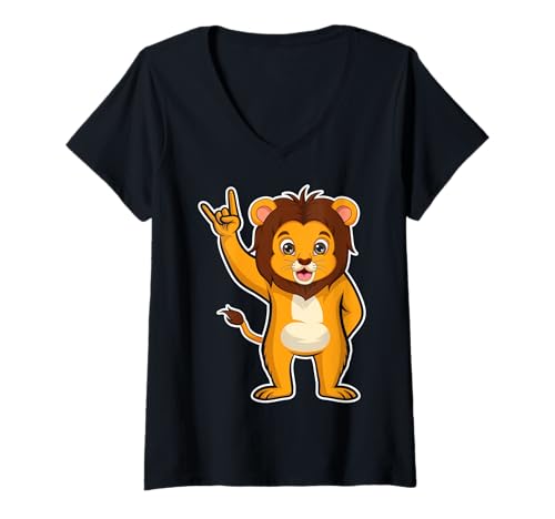 Damen Retro-Rockmusik von Cute Lion T-Shirt mit V-Ausschnitt von Rock Music Art - Gift Design & Co.