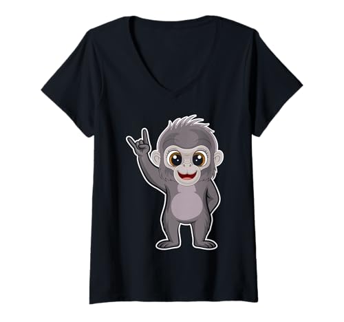 Damen Retro Rockmusik von Cute Monkey T-Shirt mit V-Ausschnitt von Rock Music Art - Gift Design & Co.