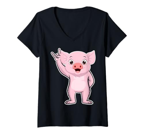 Damen Retro Rockmusik von Cute Pig T-Shirt mit V-Ausschnitt von Rock Music Art - Gift Design & Co.
