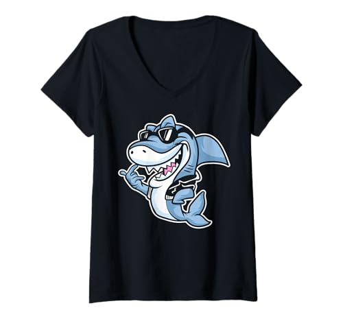 Damen Retro Rockmusik von Cute Shark T-Shirt mit V-Ausschnitt Damen Retro Rockmusik von Cute Shark T-Shirt mit V-Ausschnitt von Rock Music Art - Gift Design & Co.
