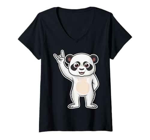 Damen Retro Rockmusik von süßem Pandabär T-Shirt mit V-Ausschnitt Damen Retro Rockmusik von süßem Pandabär T-Shirt mit V-Ausschnitt von Rock Music Art - Gift Design & Co.