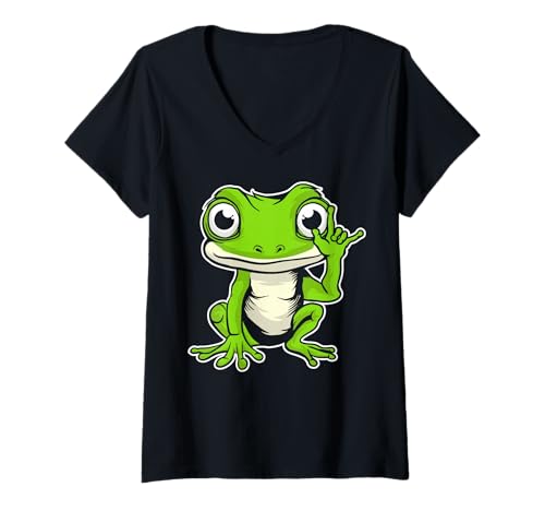 Damen Retro Rockmusik von süßem grünen Frosch T-Shirt mit V-Ausschnitt Damen Retro Rockmusik von süßem grünen Frosch T-Shirt mit V-Ausschnitt von Rock Music Art - Gift Design & Co.