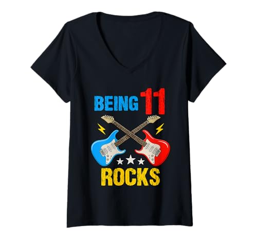 Damen 11. Geburtstag Rockmusik Geburtstag Junge Musiker Party Kinder T-Shirt mit V-Ausschnitt von Rock Music Birthday Ideas, Guitar Birthday Wear