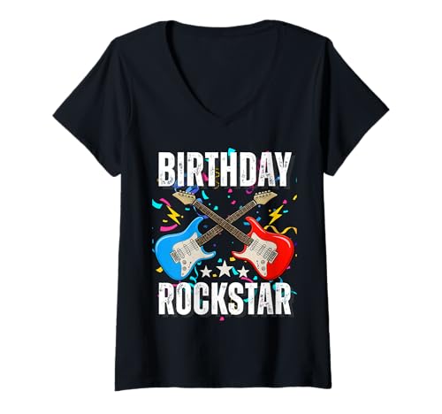 Damen 11. Geburtstag Rockmusik Geburtstag Junge Musiker Party Kinder T-Shirt mit V-Ausschnitt von Rock Music Birthday Ideas, Guitar Birthday Wear