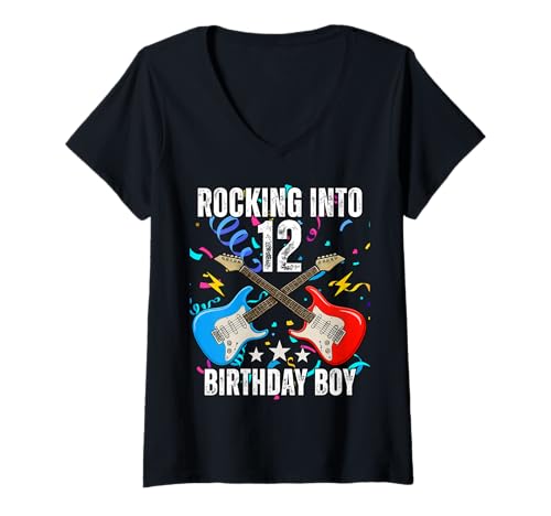 Damen 12. Geburtstag Rock Musik Geburtstag Junge Musiker Party Kinder T-Shirt mit V-Ausschnitt Damen 12. Geburtstag Rock Musik Geburtstag Junge Musiker Party Kinder T-Shirt mit V-Ausschnitt von Rock Music Birthday Ideas, Guitar Birthday Wear