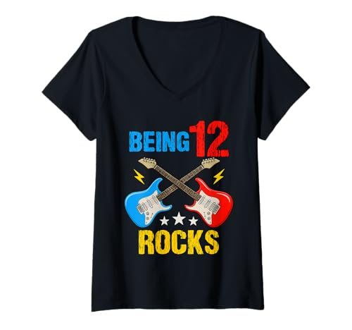 Damen 12. Geburtstag Rock Musik Geburtstag Junge Musiker Party Kinder T-Shirt mit V-Ausschnitt Damen 12. Geburtstag Rock Musik Geburtstag Junge Musiker Party Kinder T-Shirt mit V-Ausschnitt von Rock Music Birthday Ideas, Guitar Birthday Wear