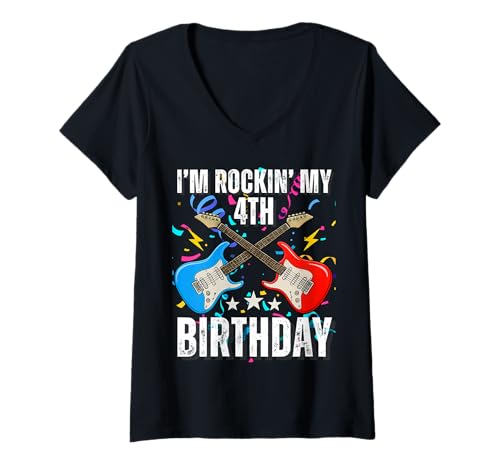 Damen 4. Geburtstag Rockmusik Geburtstag Junge Musiker Party Kinder T-Shirt mit V-Ausschnitt von Rock Music Birthday Ideas, Guitar Birthday Wear