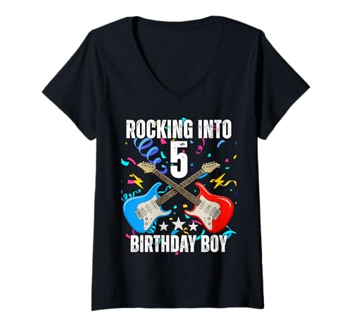 Damen 5. Geburtstag Rockmusik Geburtstag Junge Musiker Party Kinder T-Shirt mit V-Ausschnitt von Rock Music Birthday Ideas, Guitar Birthday Wear