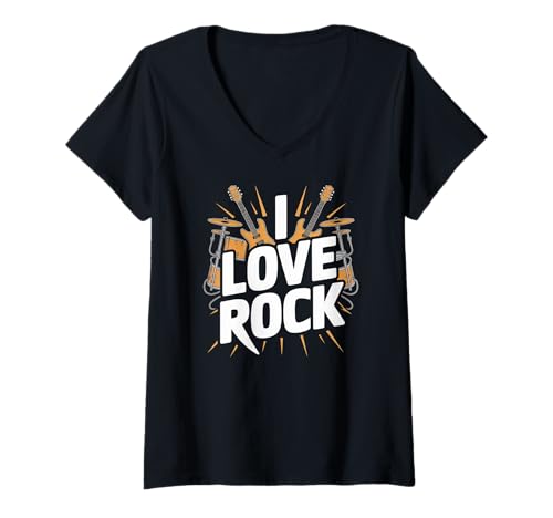 Damen I Love Rock Klassisches Gitarren-Schlagzeug T-Shirt mit V-Ausschnitt Damen I Love Rock Klassisches Gitarren-Schlagzeug T-Shirt mit V-Ausschnitt von Rock Music Enthusiast Band Vibes