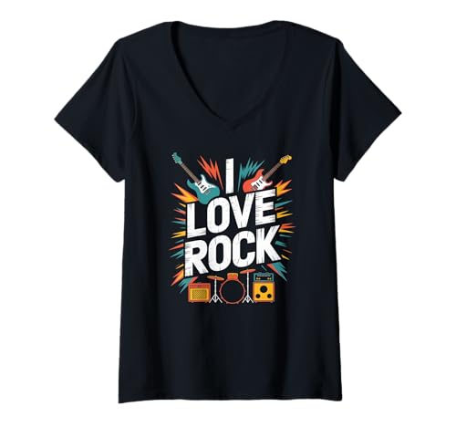 Damen Ich Liebe Rock, ausdrucksstarke, musikalische Leidenschaft T-Shirt mit V-Ausschnitt von Rock Music Enthusiast Vibrant Guitar Lovers
