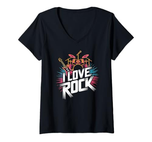 Damen I Love Rock Drums Gitarre Musik Spaß T-Shirt mit V-Ausschnitt von Rock Music Enthusiasts Drums Guitar