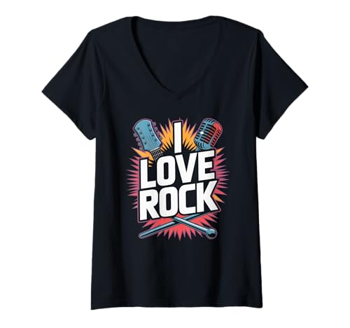 Damen I Love Rock Gitarren-Mikrofon-Fan T-Shirt mit V-Ausschnitt von Rock Music Enthusiasts Guitar Microphone Drums