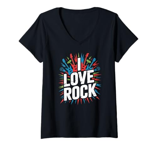 Damen I Love Rock Music Gitarren Mikrofone T-Shirt mit V-Ausschnitt Damen I Love Rock Music Gitarren Mikrofone T-Shirt mit V-Ausschnitt von Rock Music Guitar Microphone Fan