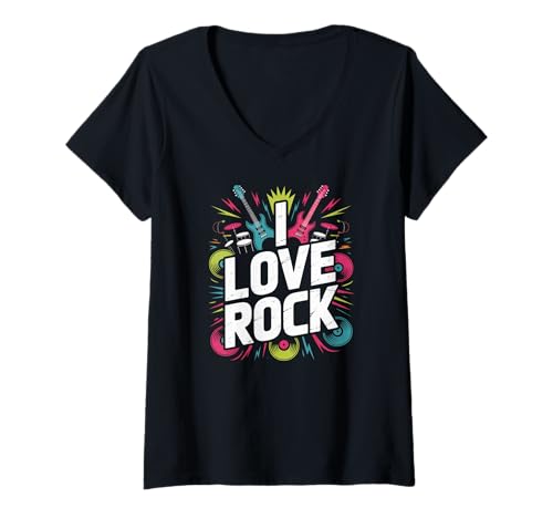 Damen Ich Liebe Rockgitarrenmusik, Partystimmung T-Shirt mit V-Ausschnitt Damen Ich Liebe Rockgitarrenmusik, Partystimmung T-Shirt mit V-Ausschnitt von Rock Music Passion Guitar Vibes