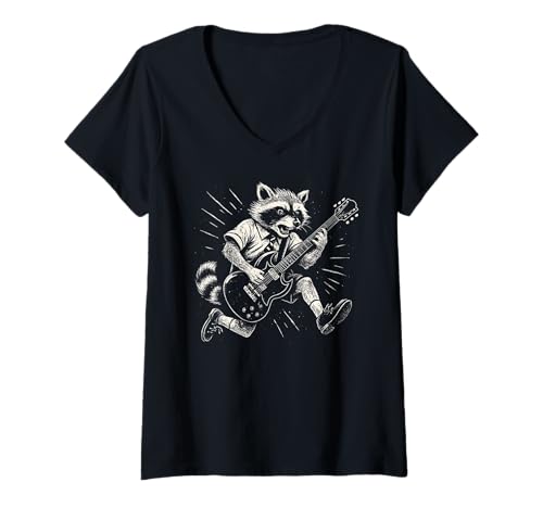 Damen Retro Waschbär Rockmusik T-Shirt mit V-Ausschnitt von Rock Music Quotes & Gifts