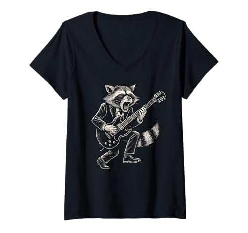 Damen Retro Waschbär Rockmusik T-Shirt mit V-Ausschnitt von Rock Music Quotes & Gifts
