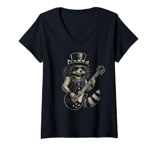 Damen Retro Waschbär Rockmusik T-Shirt mit V-Ausschnitt von Rock Music Quotes & Gifts