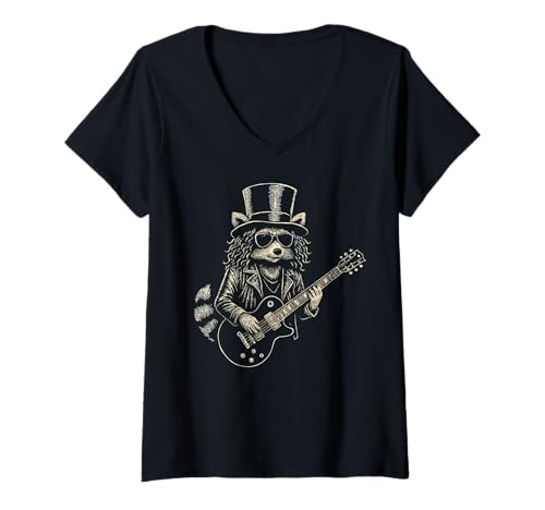 Damen Retro Waschbär Rockmusik T-Shirt mit V-Ausschnitt von Rock Music Quotes & Gifts
