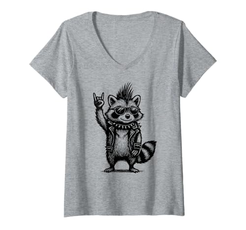 Damen Retro Waschbär Rockmusik T-Shirt mit V-Ausschnitt von Rock Music Quotes & Gifts
