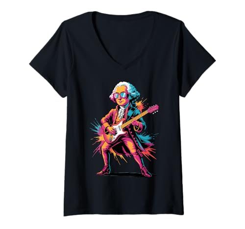 Damen George Washington spielt Gitarre, Bunte Malkunst-Grafik T-Shirt mit V-Ausschnitt Damen George Washington spielt Gitarre, Bunte Malkunst-Grafik T-Shirt mit V-Ausschnitt von Rock Music & Guitar Lover Apparel & Arts