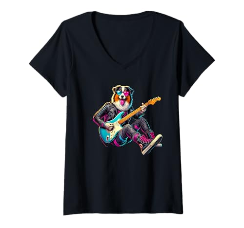 Damen Australian Shepherd E-Gitarre Lustiger Hund Rock Band Pet T-Shirt mit V-Ausschnitt von Rock N Roll Canine Puppy Rocker Instrument Concert