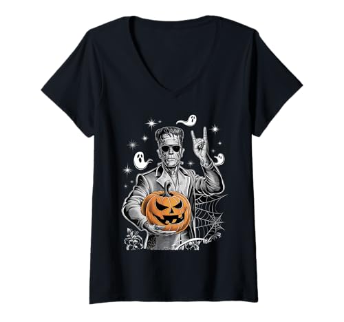 Damen Coole Frankenstein Jack O Laterne Lustig Halloween T-Shirt mit V-Ausschnitt Damen Coole Frankenstein Jack O Laterne Lustig Halloween T-Shirt mit V-Ausschnitt von Rock On Frankenstein Halloween spooky vibes