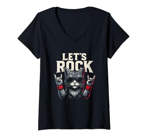Damen Rock and Roll Cat Rockstar Vintage Rock&Roll Konzertkatze T-Shirt mit V-Ausschnitt Damen Rock and Roll Cat Rockstar Vintage Rock&Roll Konzertkatze T-Shirt mit V-Ausschnitt von Rock On I Love Rock And Roll Rock n Roll Cat