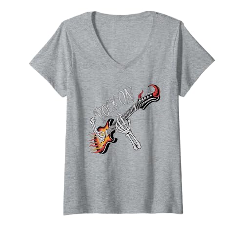 Damen Rock On Skelett Gitarre T-Shirt – Lustiger Musik-Totenkopf T-Shirt mit V-Ausschnitt Damen Rock On Skelett Gitarre T-Shirt – Lustiger Musik-Totenkopf T-Shirt mit V-Ausschnitt von Rock On Skeleton Guitar Tee