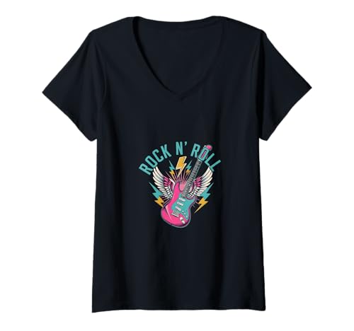 Damen Rock N' Roll Gitarre mit Flügeln und Blitzbolzen T-Shirt mit V-Ausschnitt Damen Rock N' Roll Gitarre mit Flügeln und Blitzbolzen T-Shirt mit V-Ausschnitt von Rock On Vibes